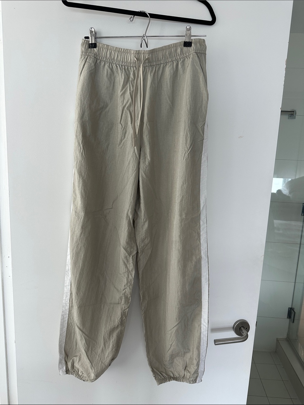 Athleta Beige Track Pants with White Side Stripe